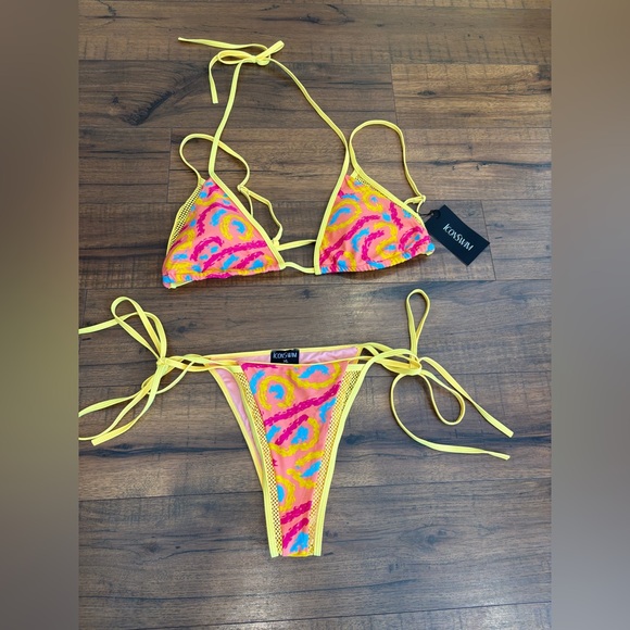 Icon Swim Other - Icon Swim size XL Bikini Two Peice Pink Yellow Swirl tie closure adjustable NWT